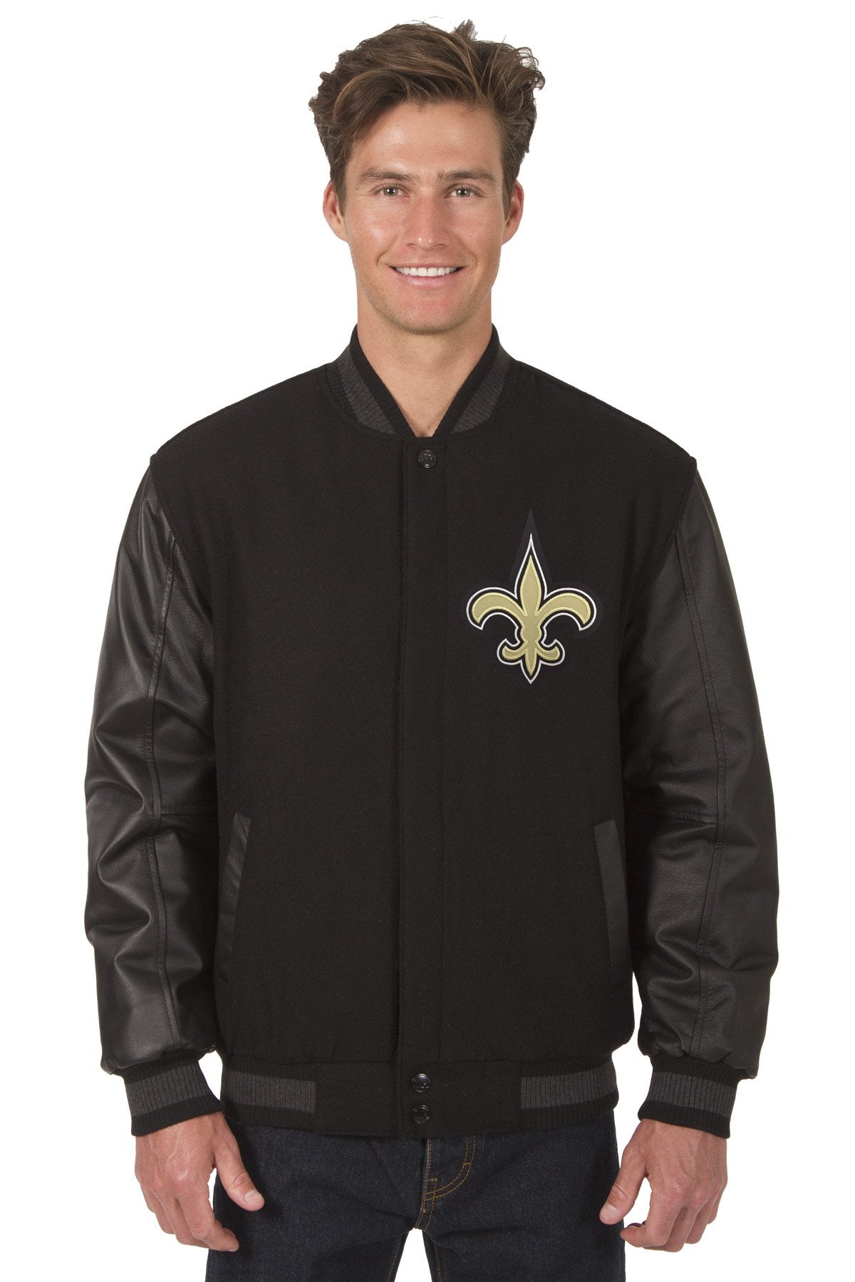 NEW ORLEANS SAINTS WOOL & LEATHER REVERSIBLE JACKET W/ EMBROIDERED LOGOS - BLACK