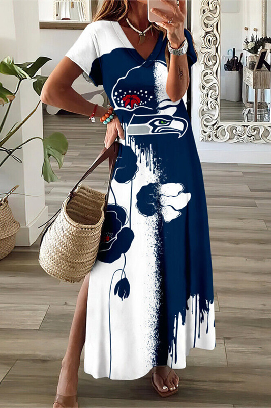 Seattle Seahawks V-Neck Sexy Side Slit Long Dress