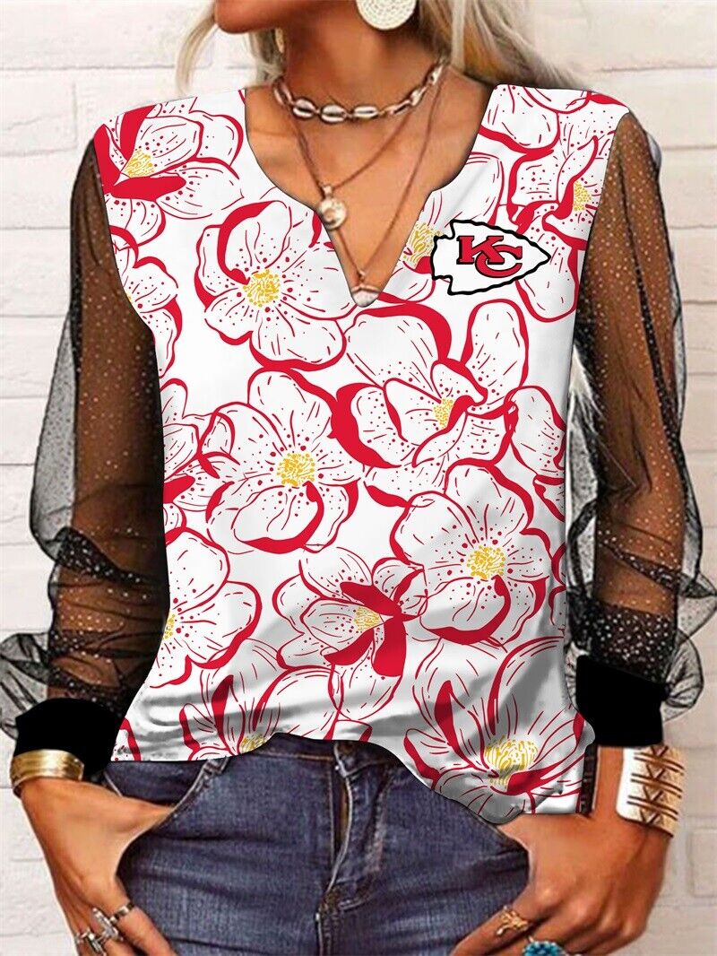 Kansas City Chiefs Long Sleeve V-neck Lace Shirt