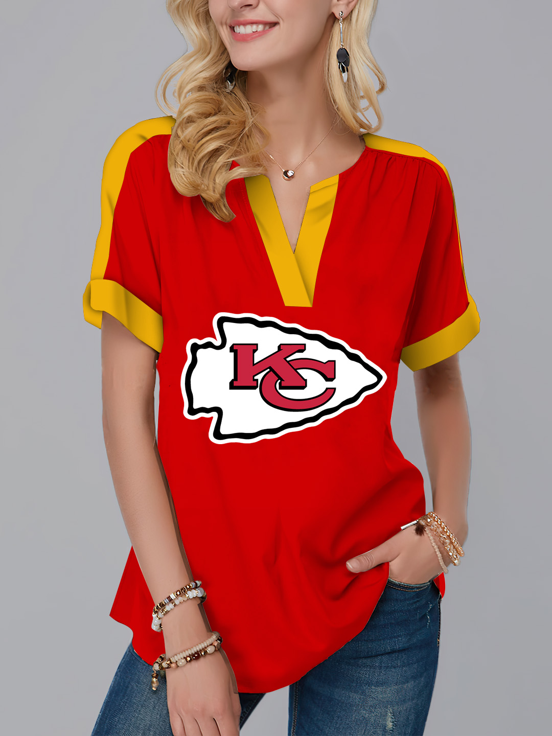 Kansas City Chiefs  Fashion Short Sleeve V-Neck Shirt