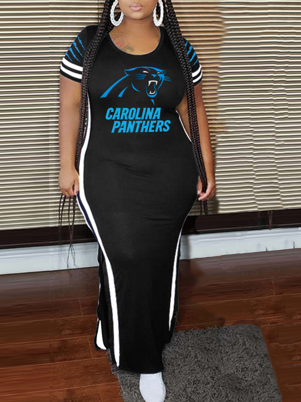Carolina Panthers Crew Neck Short Sleeve Striped Colorblock Dress