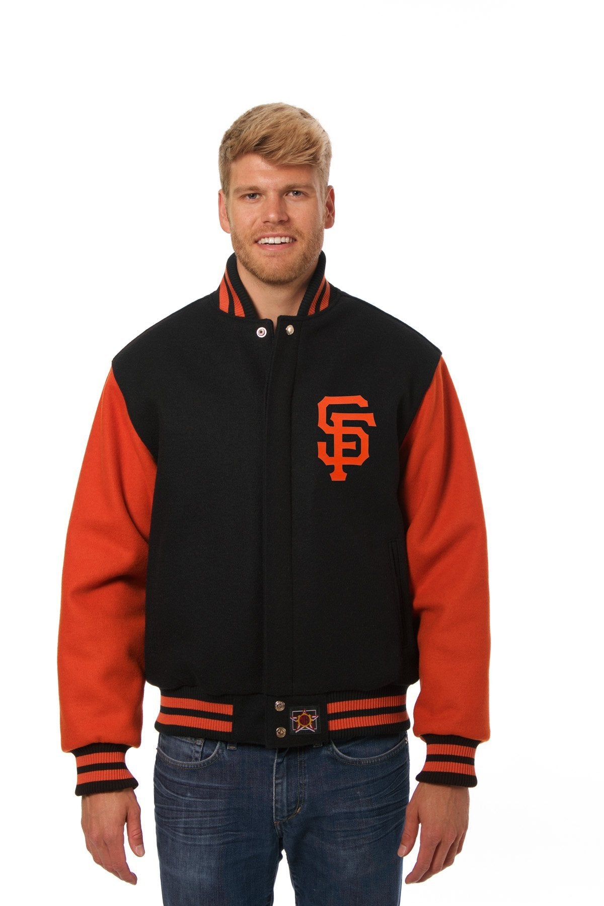 SAN FRANCISCO GIANTS TWO-TONE WOOL JACKET W/ HANDCRAFTED LEATHER LOGOS - BLACK/ORANGE