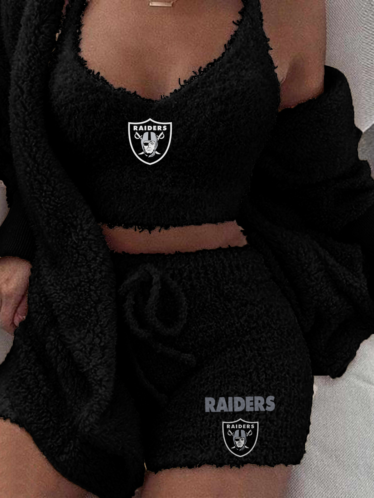 Las Vegas Raiders Hooded Cardigan Shorts Vest 3-Piece Suit