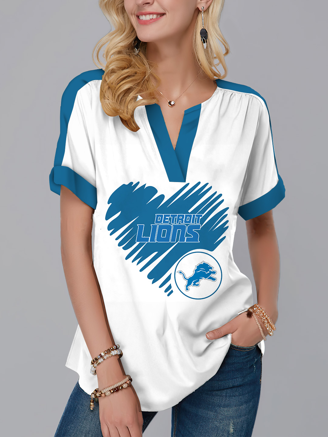 Detroit Lions  Fashion Short Sleeve V-Neck Shirt
