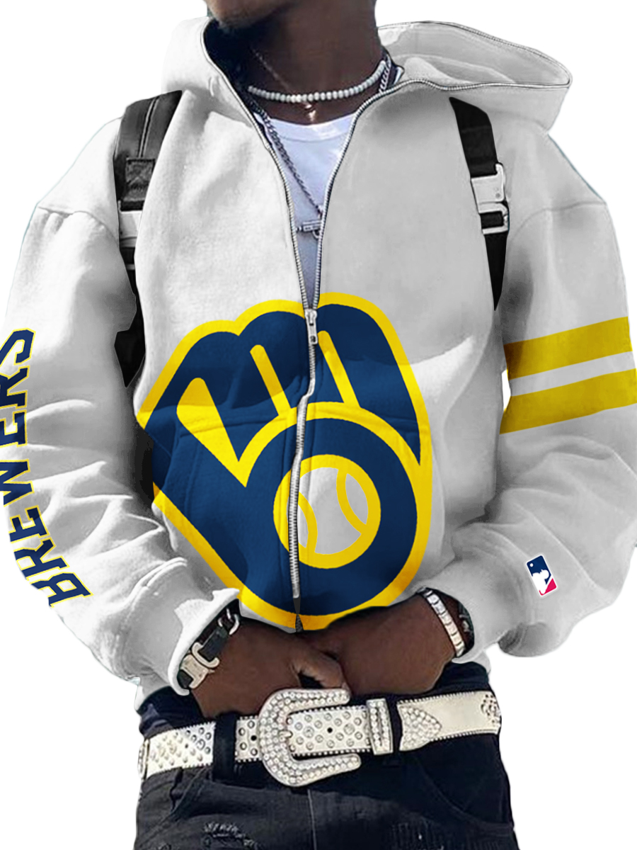 Milwaukee Brewers MLB Men's Casual Zipper Hooded Sweatshirts White