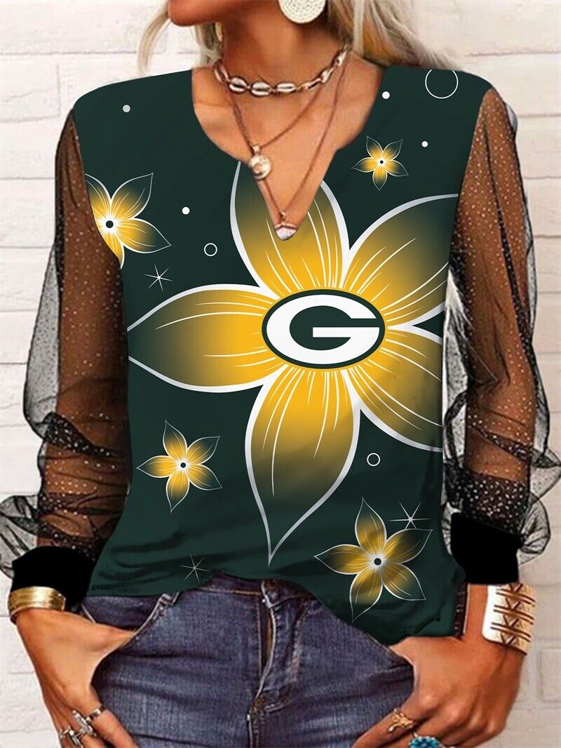 Green Bay Packers Long Sleeve V-neck Lace Shirt