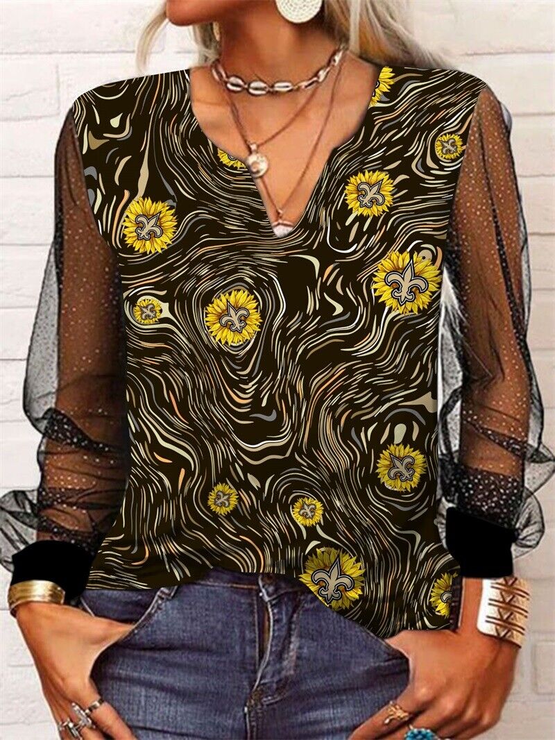 New Orleans Saints Long Sleeve V-neck Lace Shirt