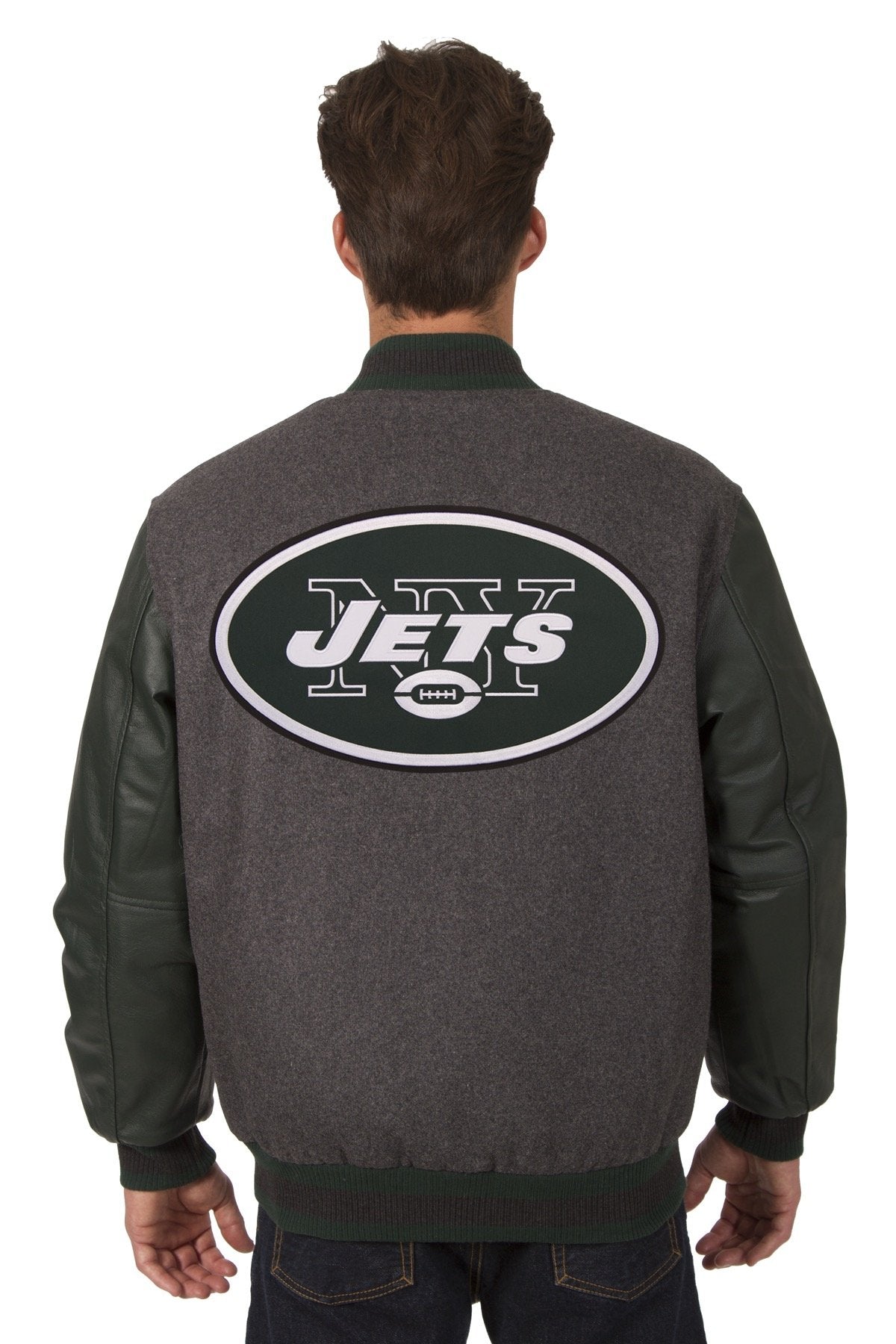 New York Jets Reversible Wool and Leather Jacket (Front and Back Logos)