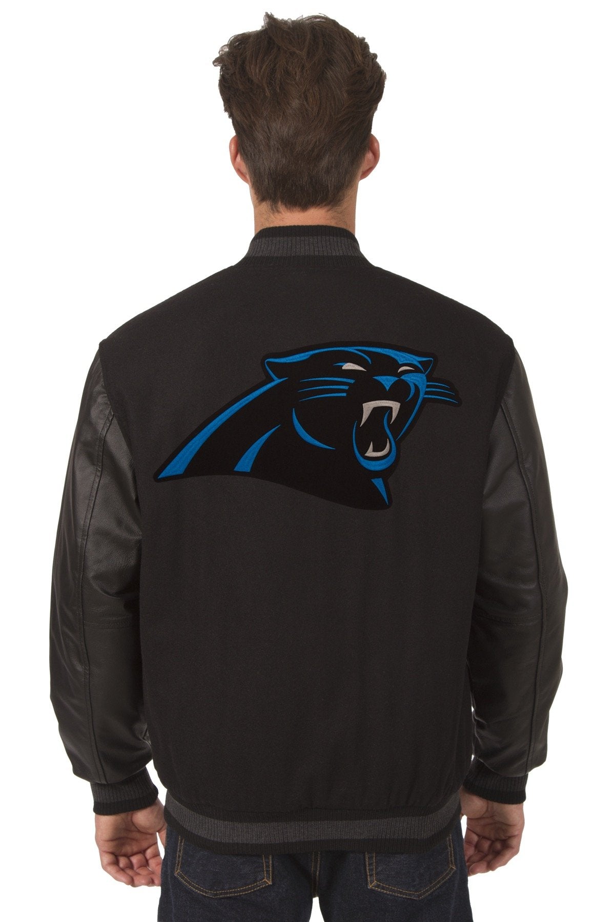 CAROLINA PANTHERS WOOL & LEATHER REVERSIBLE JACKET W/ EMBROIDERED LOGOS - BLACK
