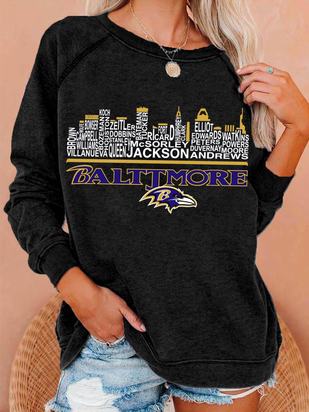 Baltimore Ravens Neutral Vintage Print Crew Neck Pullover Sweatshirt
