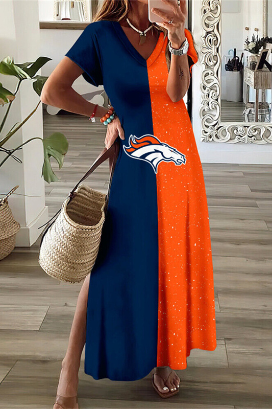 Denver Broncos V-Neck Sexy Side Slit Long Dress