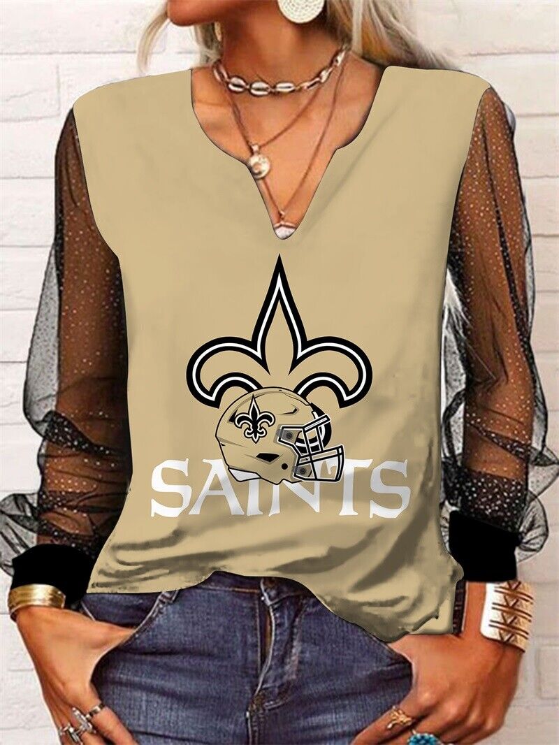 New Orleans Saints Long Sleeve V-neck Lace Shirt