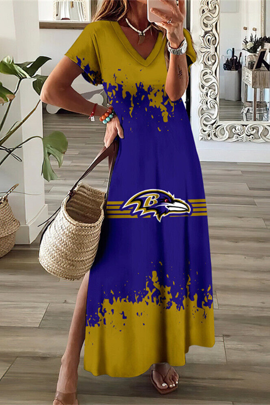 Baltimore Ravens V-Neck Sexy Side Slit Long Dress