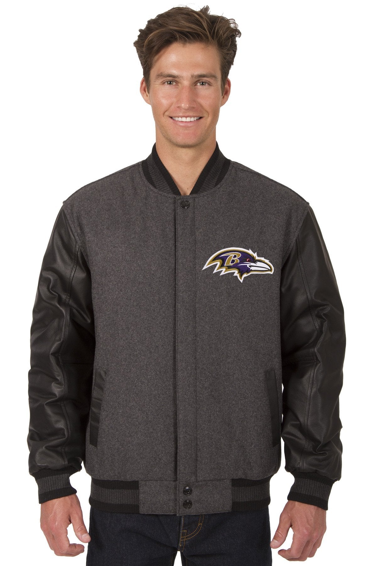 BALTIMORE RAVENS WOOL & LEATHER REVERSIBLE JACKET W/ EMBROIDERED LOGOS - CHARCOAL/BLACK