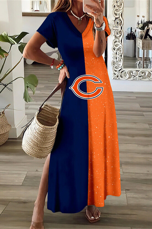 Chicago Bears V-Neck Sexy Side Slit Long Dress