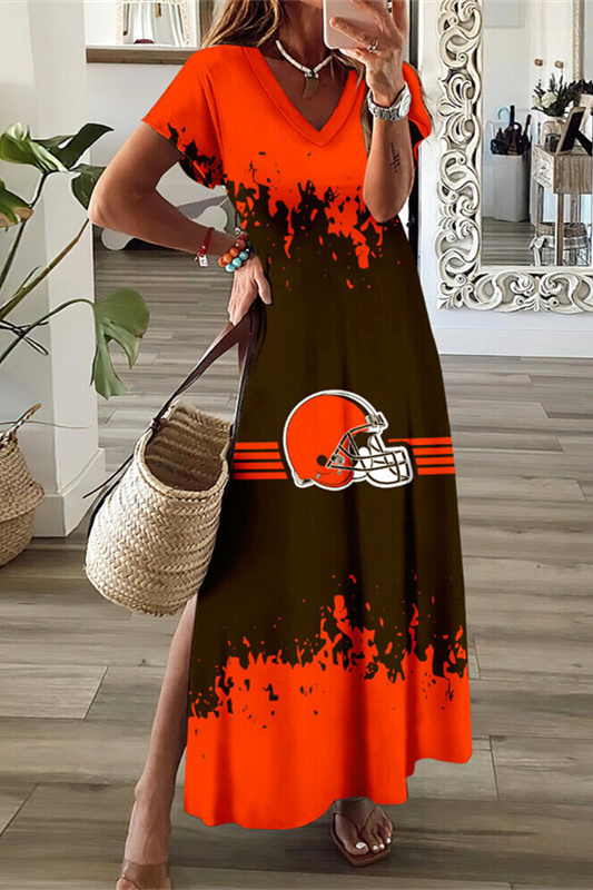 Cleveland Browns V-Neck Sexy Side Slit Long Dress