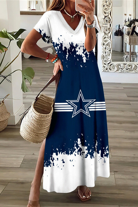 Dallas Cowboys V-Neck Sexy Side Slit Long Dress
