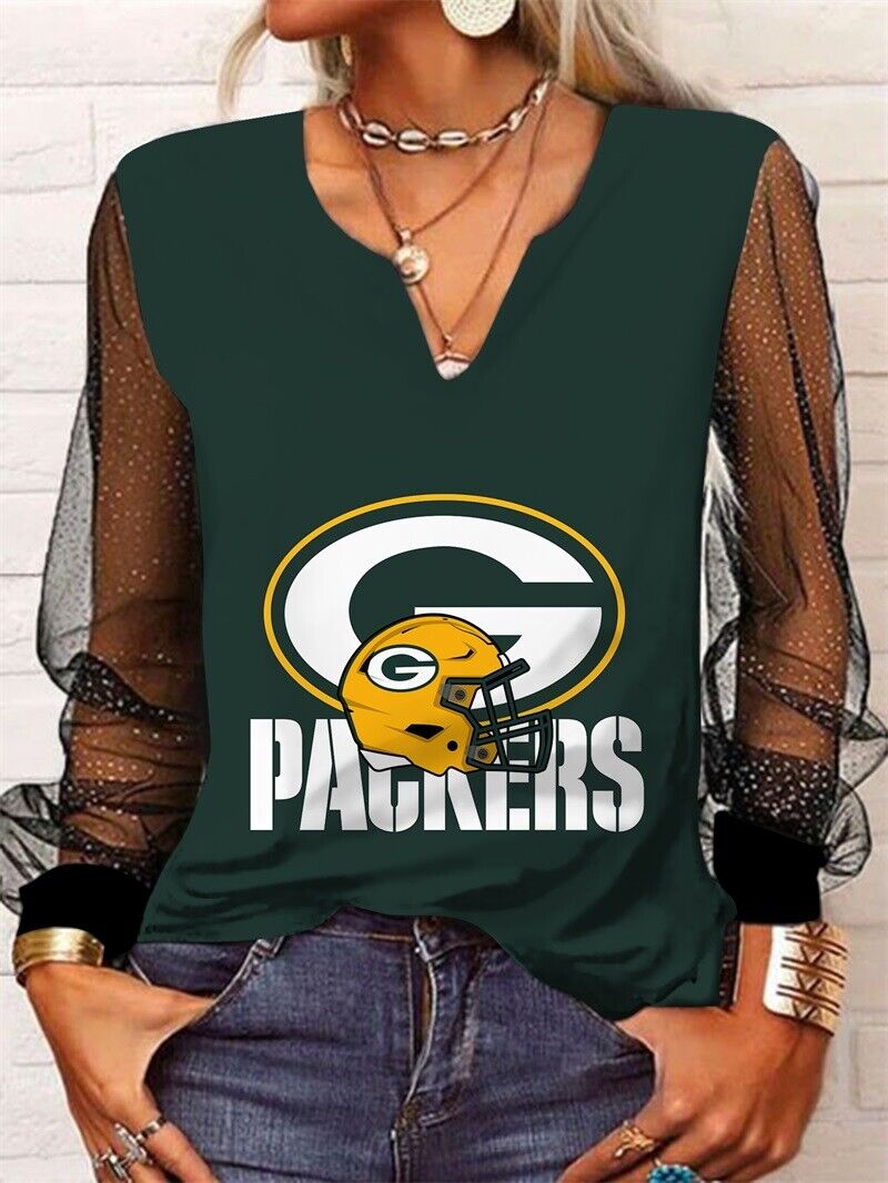 Green Bay Packers Long Sleeve V-neck Lace Shirt
