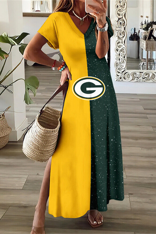 Green Bay Packers V-Neck Sexy Side Slit Long Dress