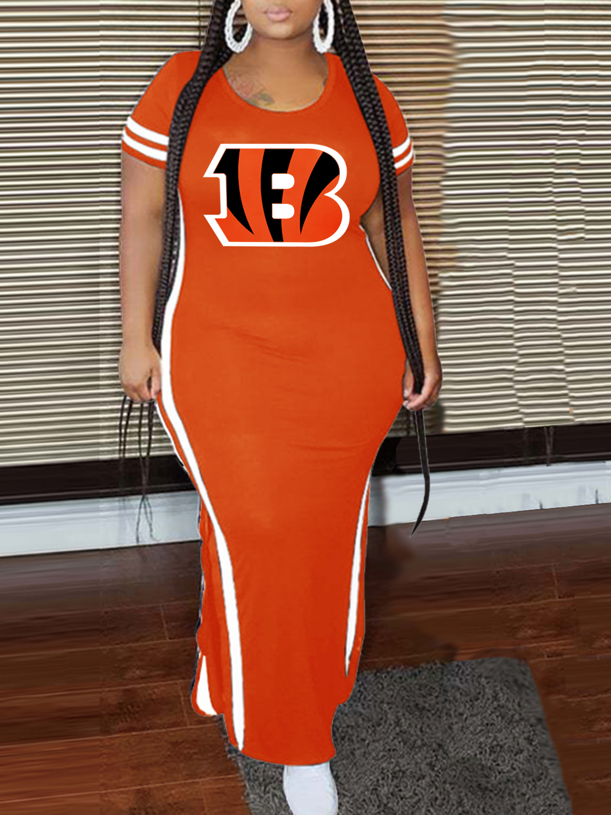 Cincinnati Bengals Crew Neck Short Sleeve Striped Colorblock Dress