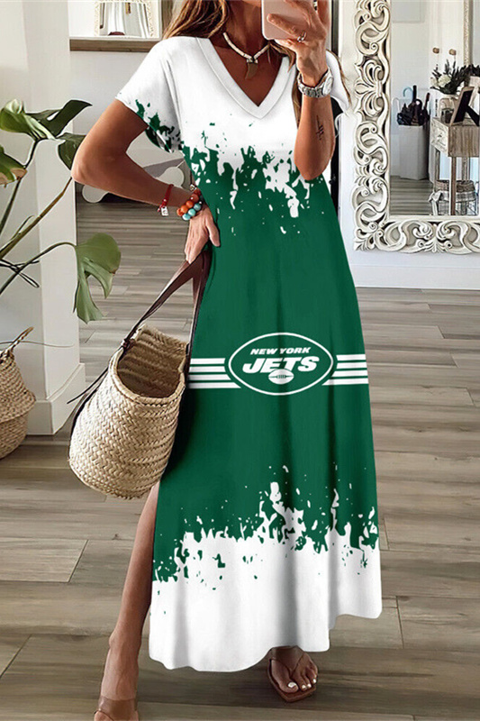 New York Jets V-Neck Sexy Side Slit Long Dress