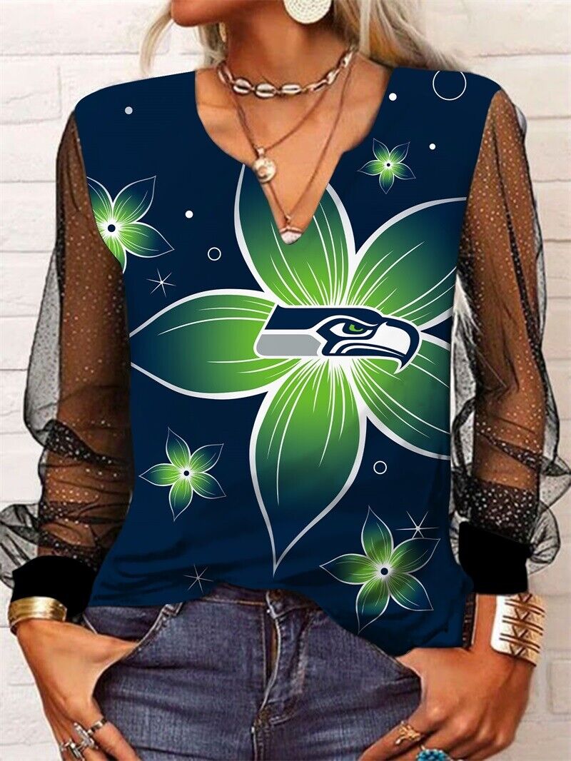 Seattle Seahawks Long Sleeve V-neck Lace Shirt