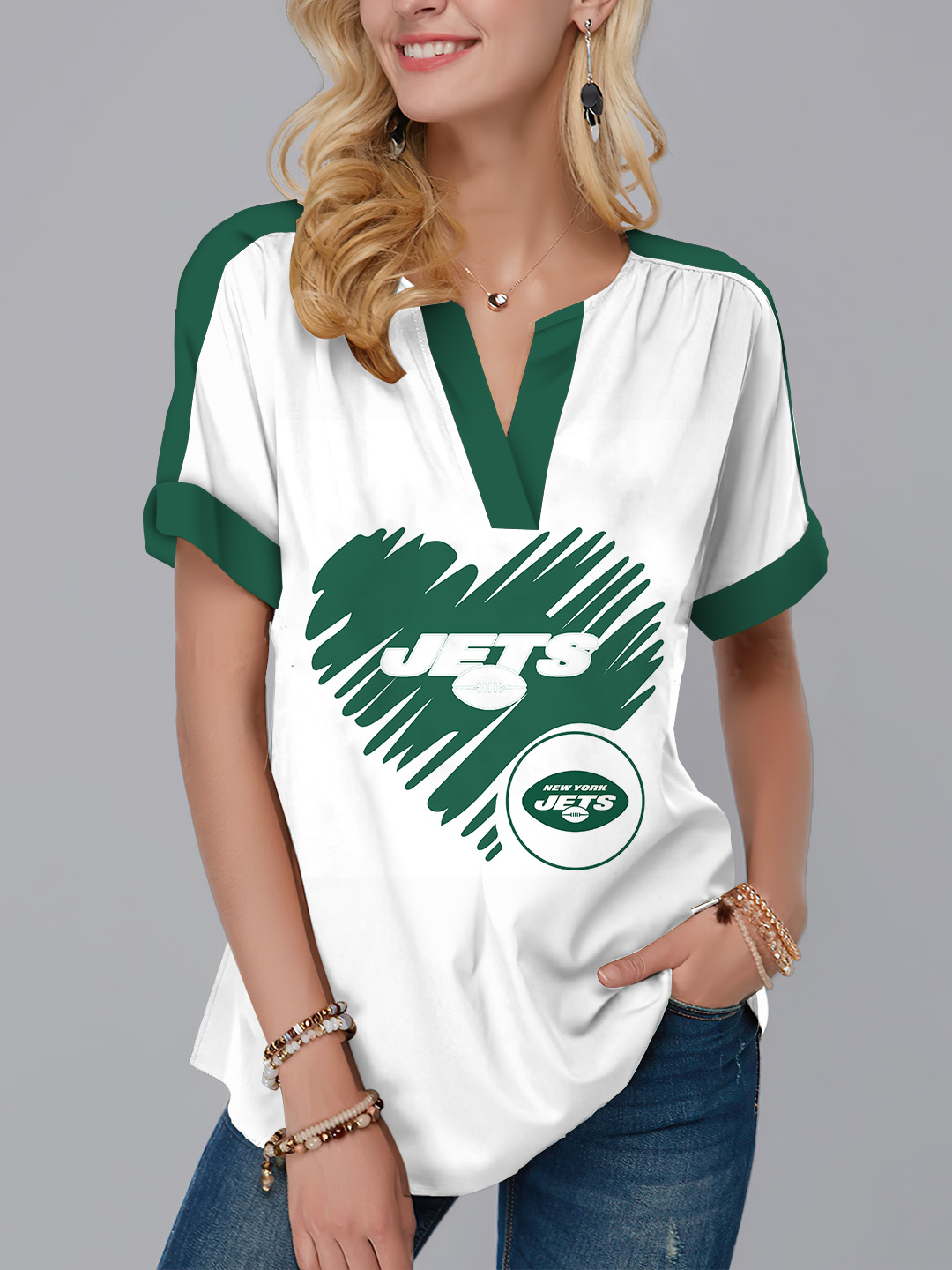 New York Jets  Fashion Short Sleeve V-Neck Shirt