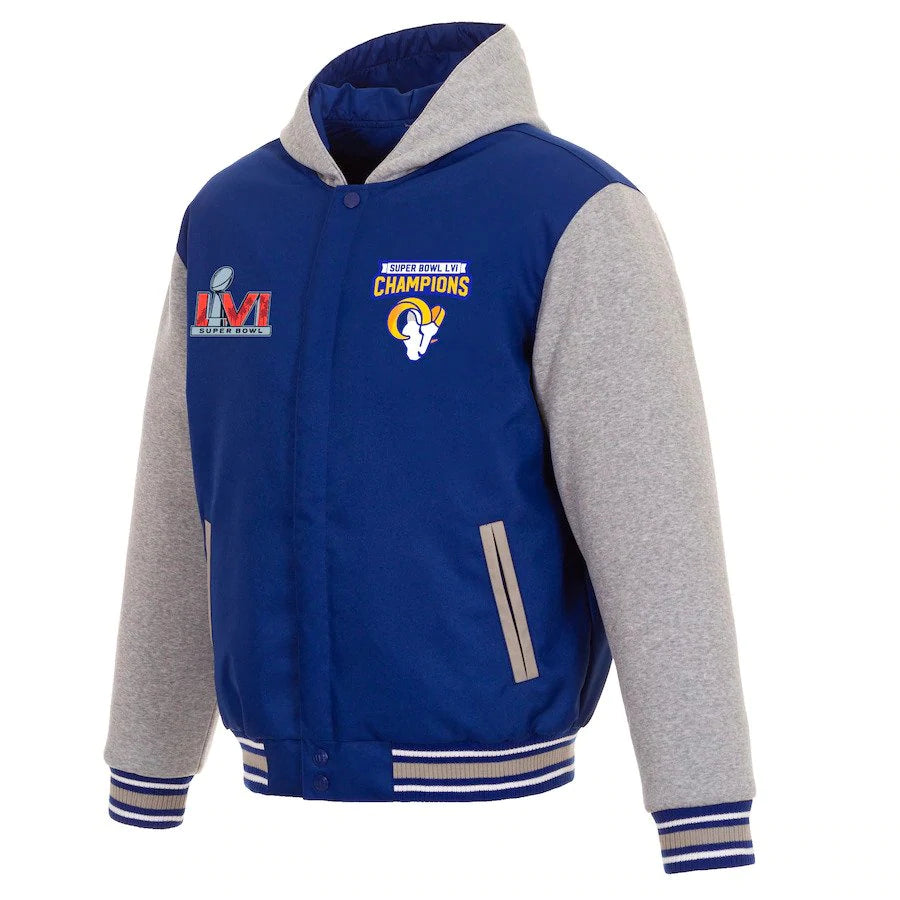 Los Angeles Rams Super Bowl LVI Champions Reversible Two-Tone Full-Snap Hoodie Jacket - Royal/Gray