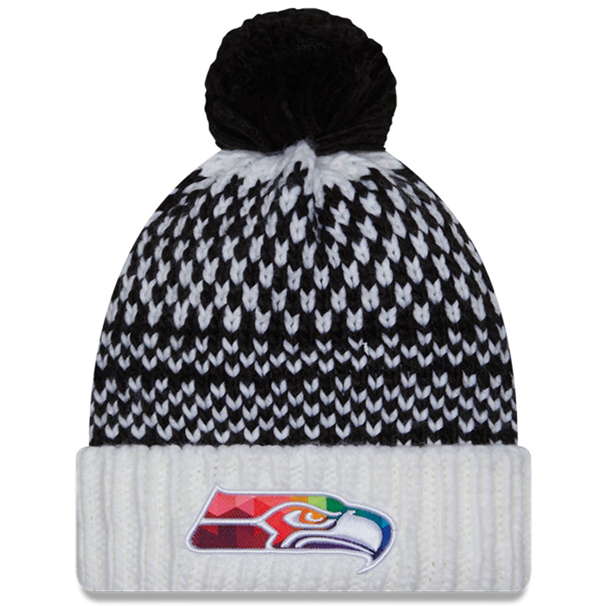 Seattle Seahawks Women's Black/White 2023 Crucial Catch Cuffed Pom Knit Hat