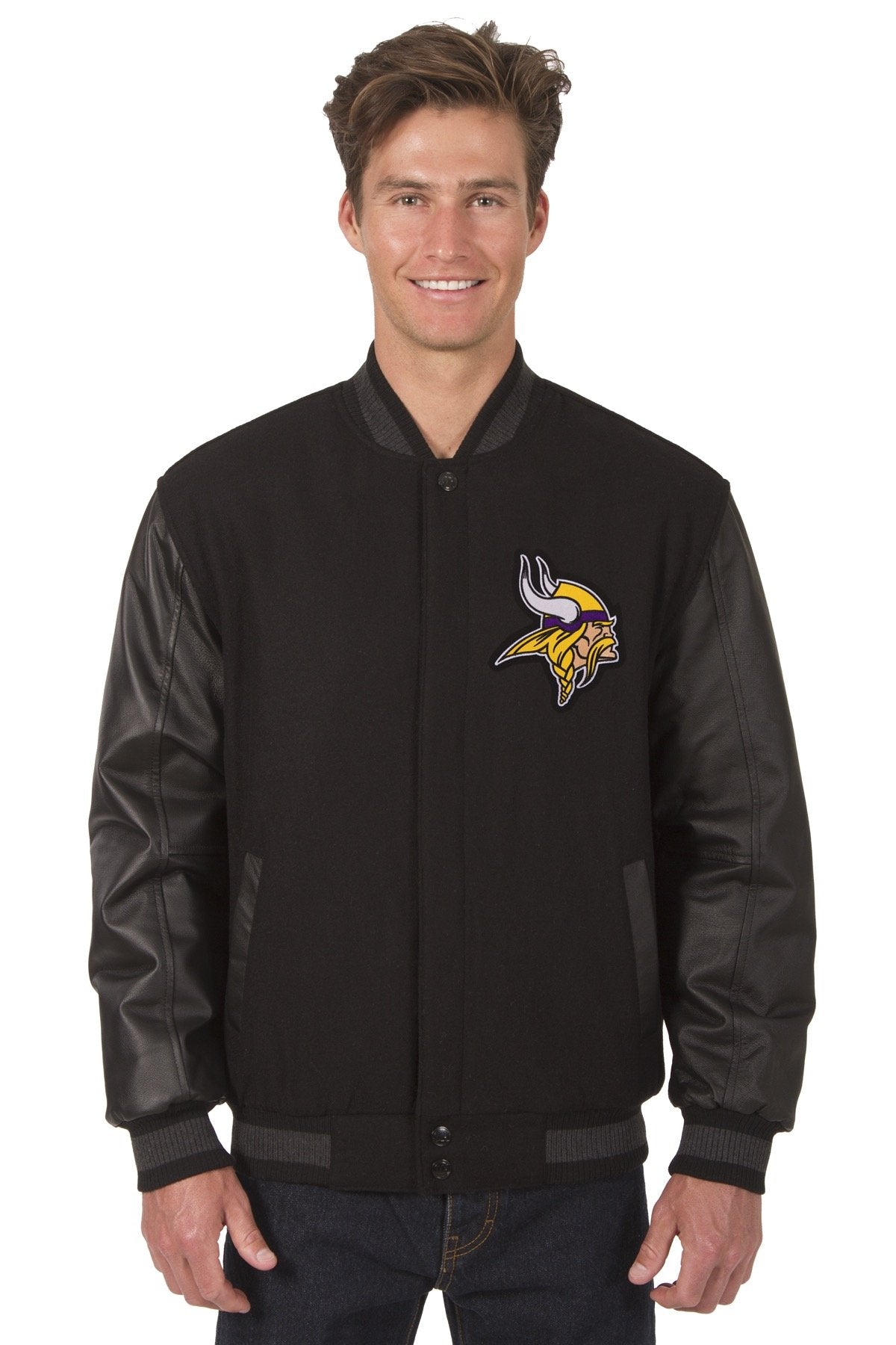 Minnesota Vikings Reversible Wool and Leather Jacket (Front and Back Logos)