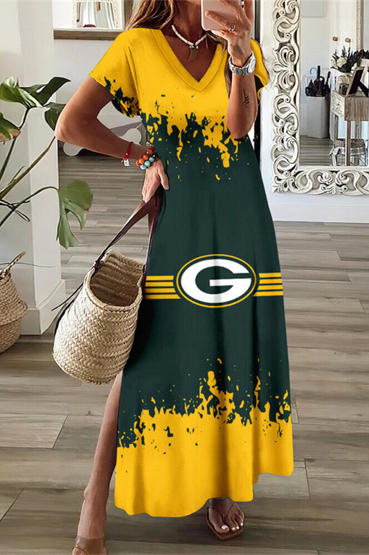 Green Bay Packers V-Neck Sexy Side Slit Long Dress