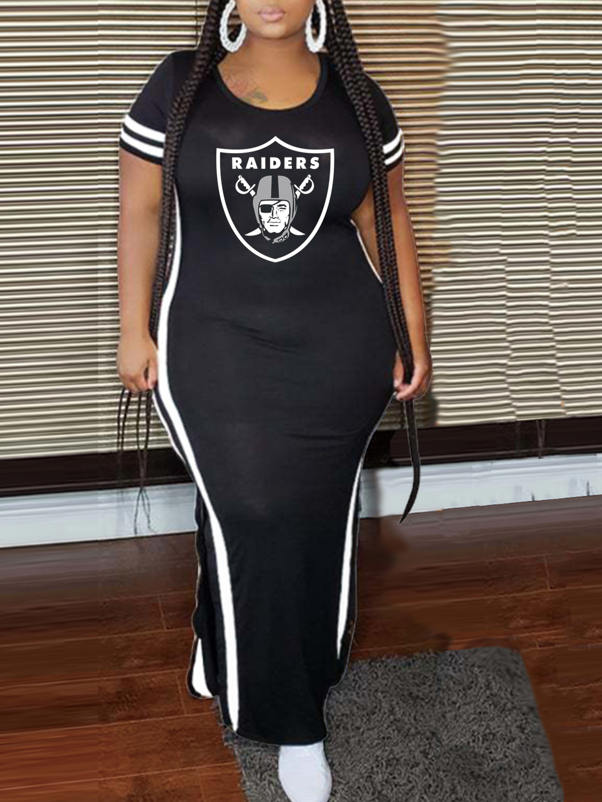 LAS VEGAS RAIDERS Crew Neck Short Sleeve Striped Colorblock Dress