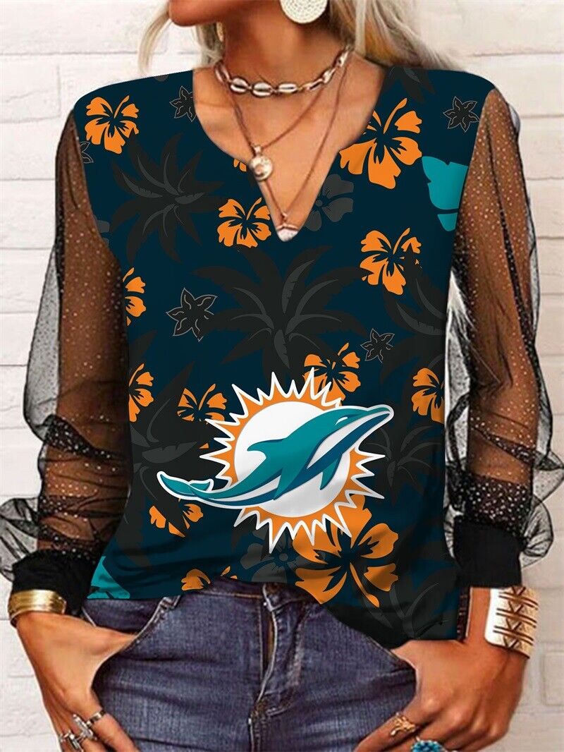 Miami Dolphins Long Sleeve V-neck Lace Shirt