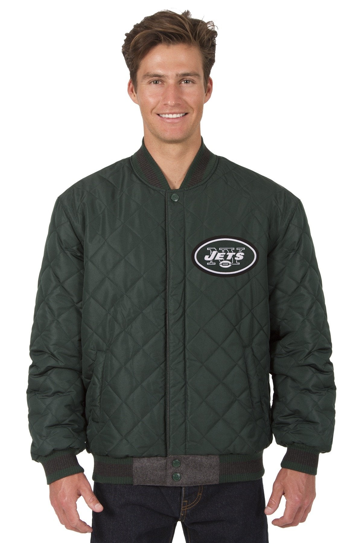 New York Jets Reversible Wool and Leather Jacket (Front and Back Logos)
