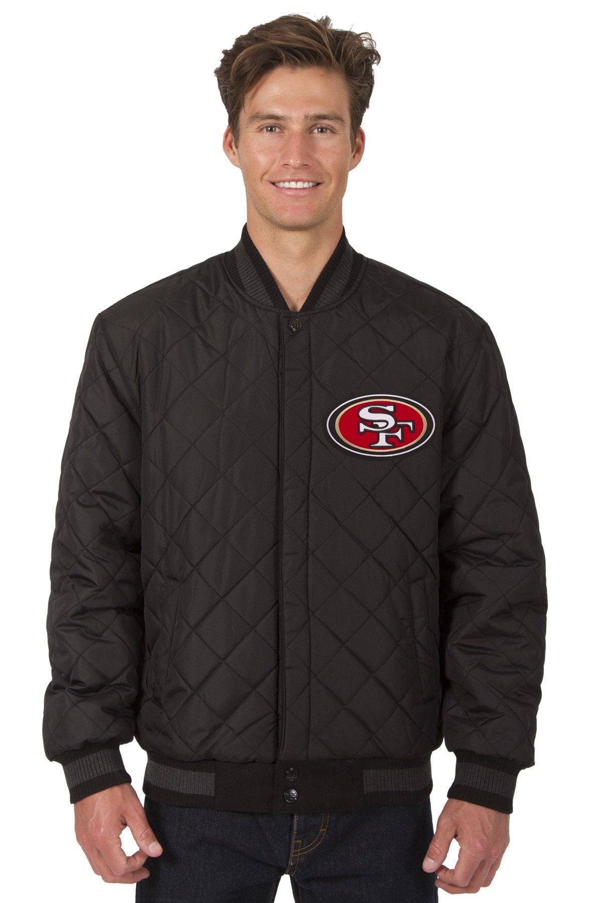 SAN FRANCISCO 49ERS WOOL & LEATHER REVERSIBLE JACKET W/ EMBROIDERED LOGOS - BLACK