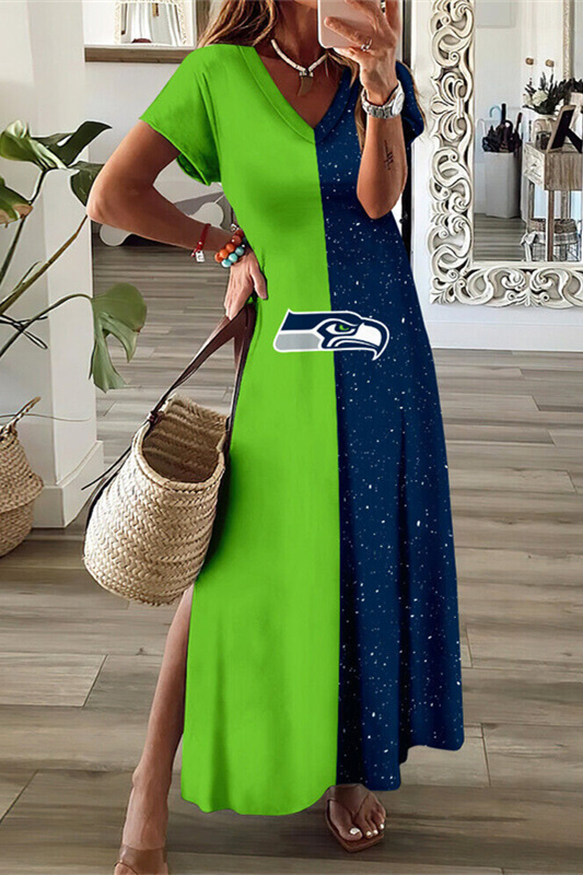 Seattle Seahawks V-Neck Sexy Side Slit Long Dress