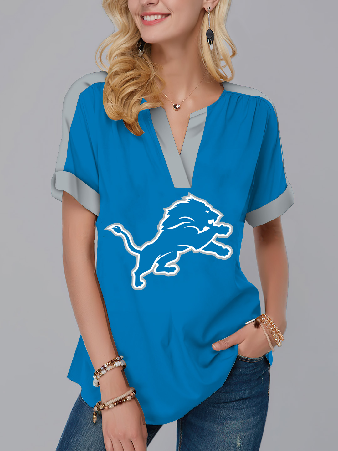 Detroit Lions  Fashion Short Sleeve V-Neck Shirt