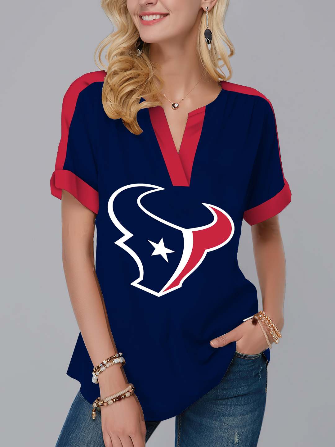 Houston Texans  Fashion Short Sleeve V-Neck Shirt