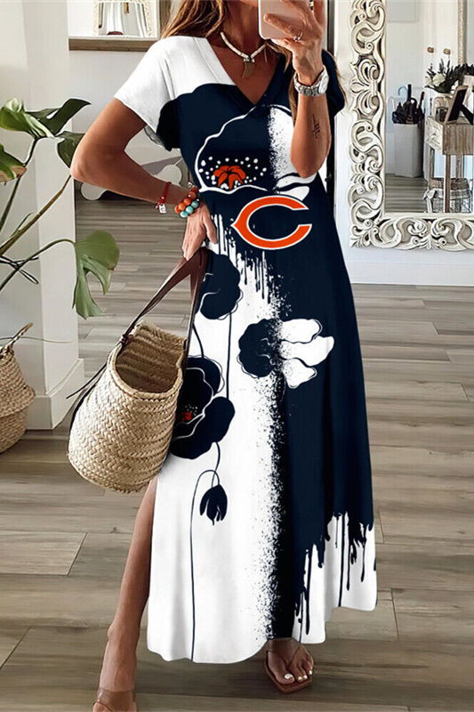 Chicago Bears V-Neck Sexy Side Slit Long Dress