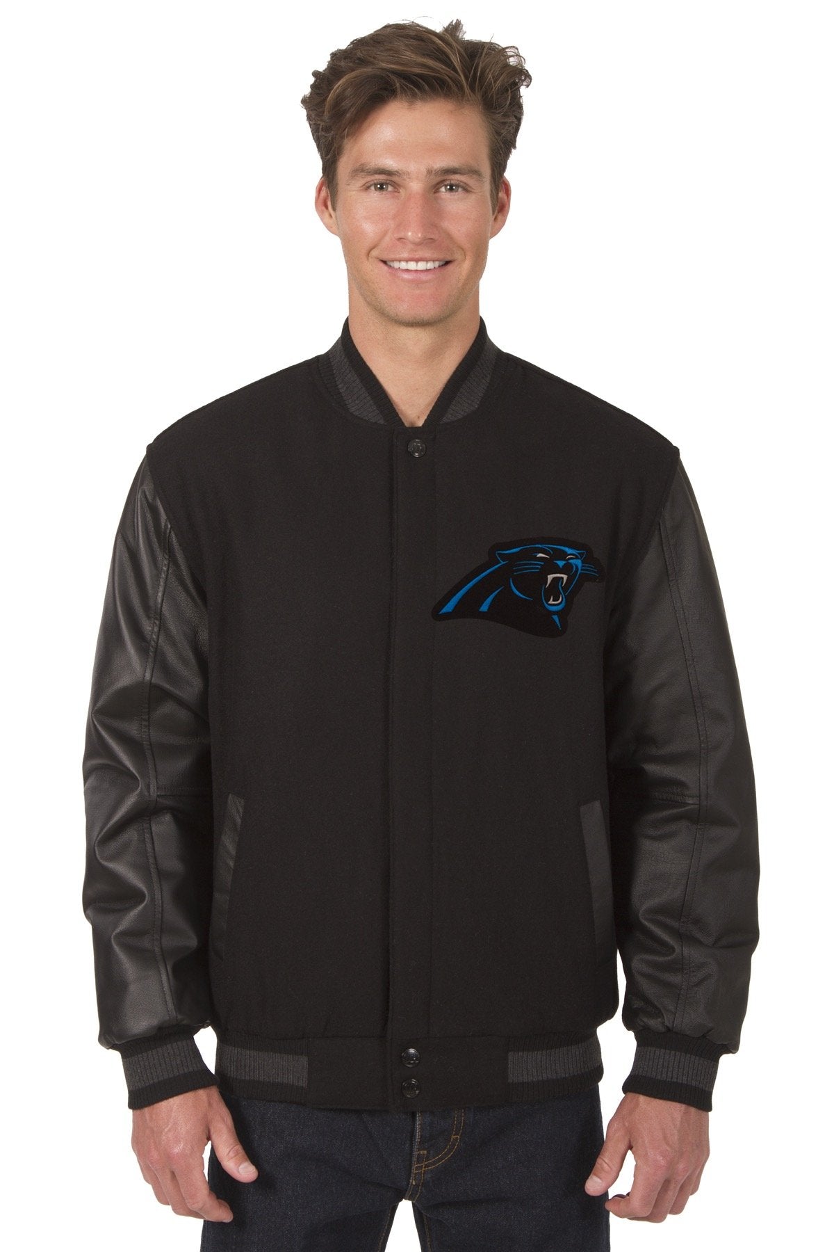 CAROLINA PANTHERS WOOL & LEATHER REVERSIBLE JACKET W/ EMBROIDERED LOGOS - BLACK
