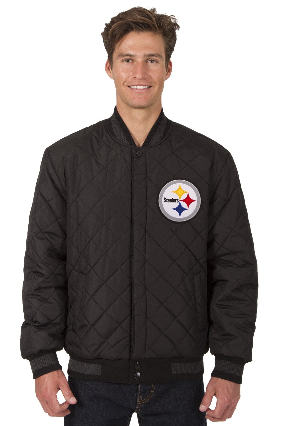 PITTSBURGH STEELERS WOOL & LEATHER REVERSIBLE JACKET W/ EMBROIDERED LOGOS - BLACK