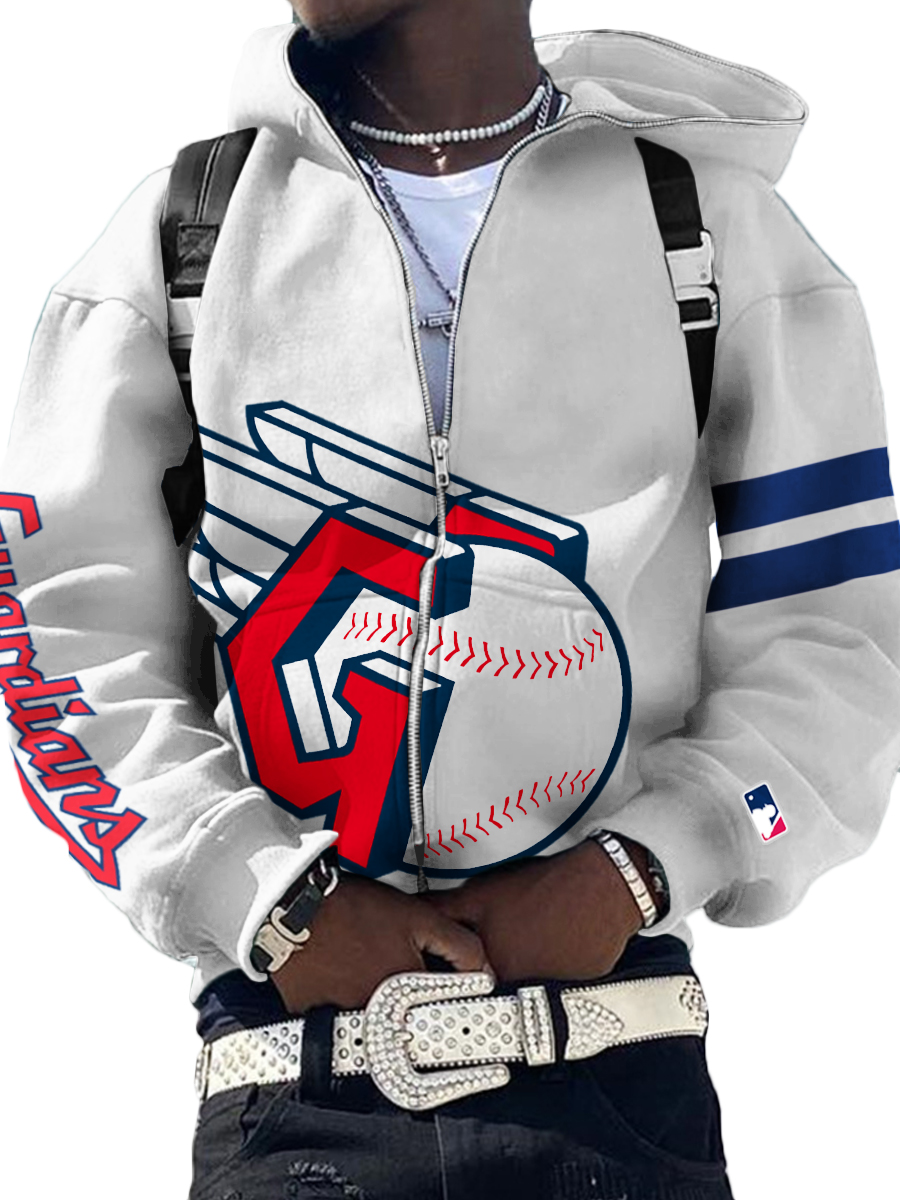 Cleveland Guardians MLB Men's Casual Zipper Hooded Sweatshirts White