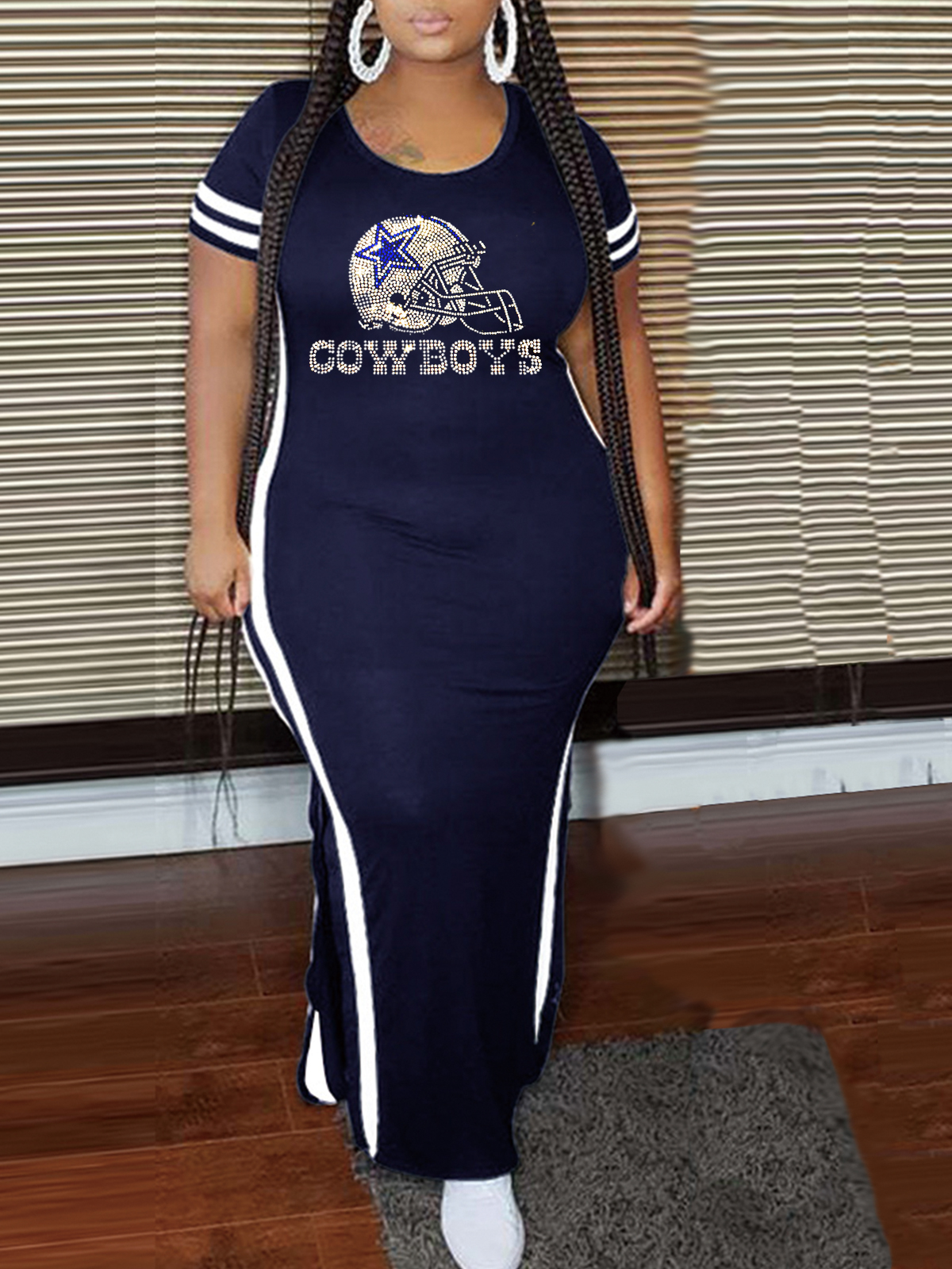 Dallas Cowboys Crew Neck Short Sleeve Striped Colorblock Dress