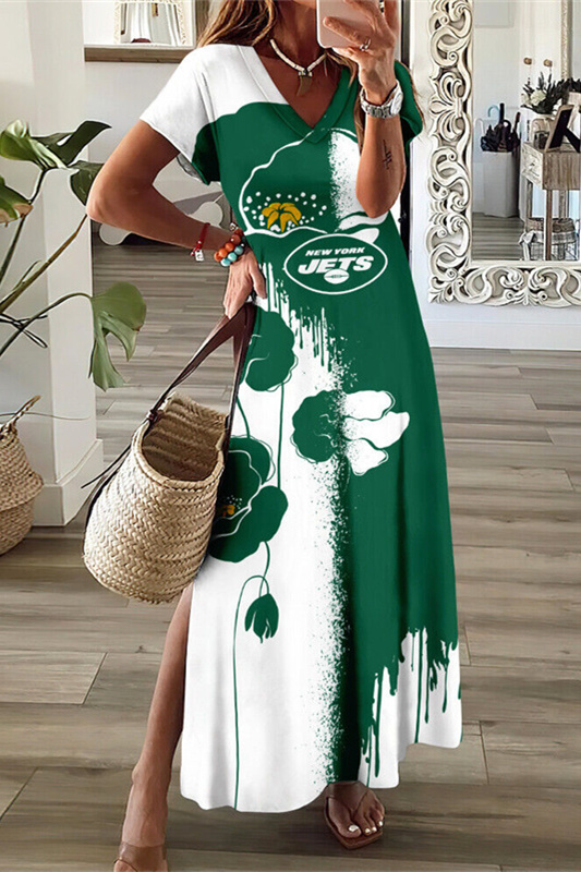 New York Jets V-Neck Sexy Side Slit Long Dress