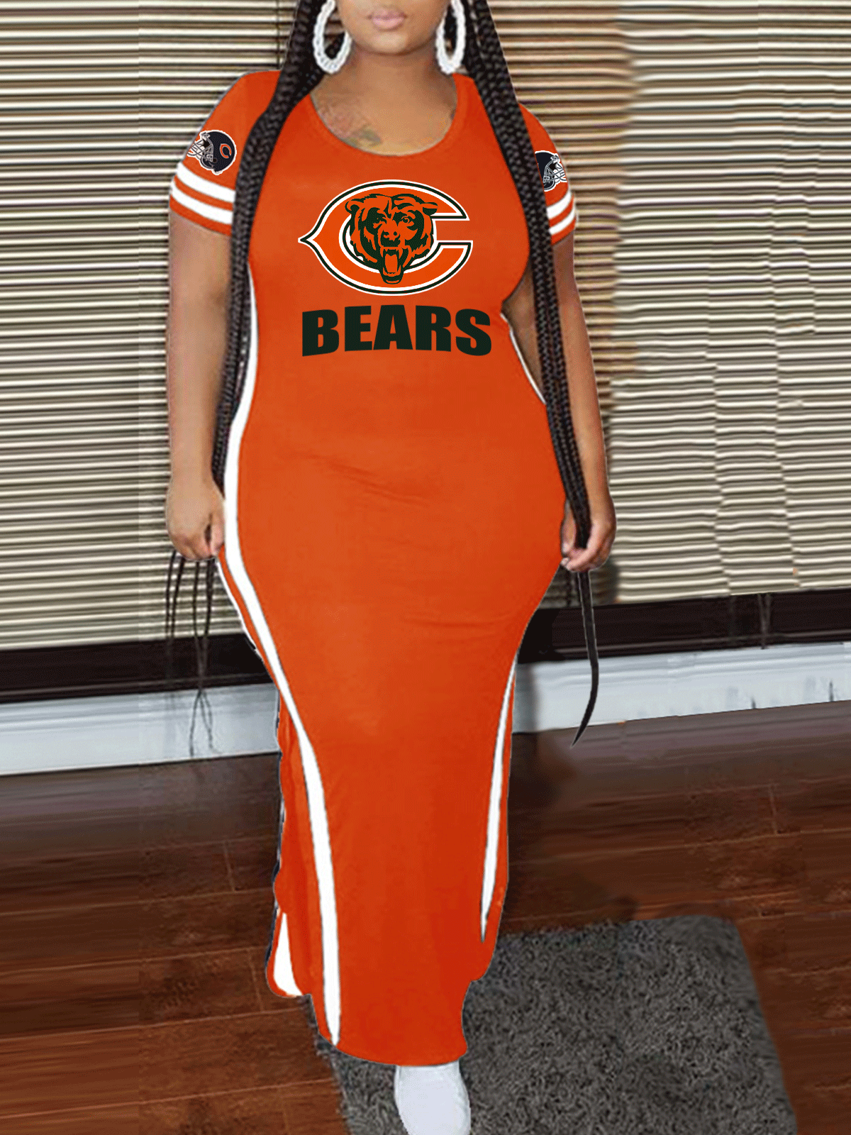 Chicago Bears Crew Neck Short Sleeve Striped Colorblock Dress