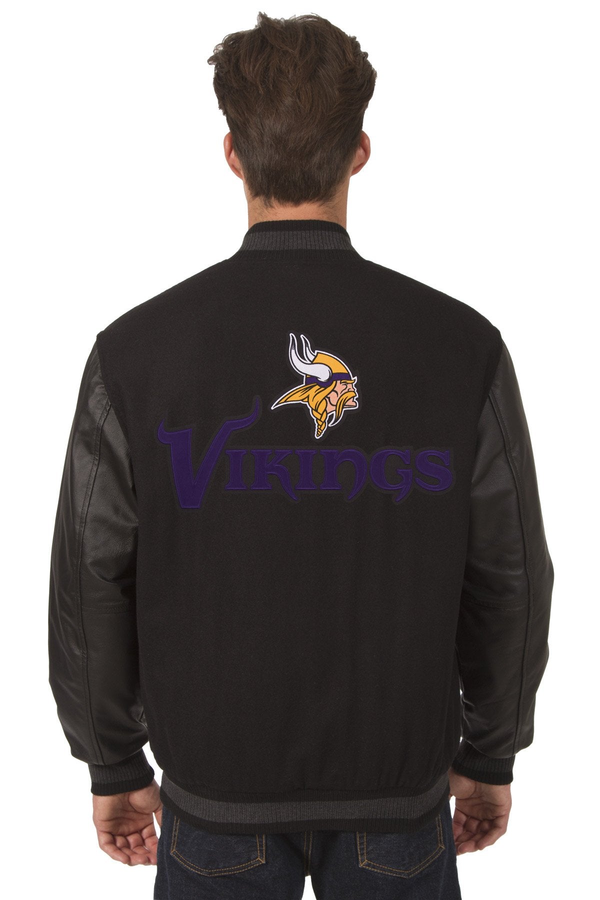 Minnesota Vikings Reversible Wool and Leather Jacket (Front and Back Logos)