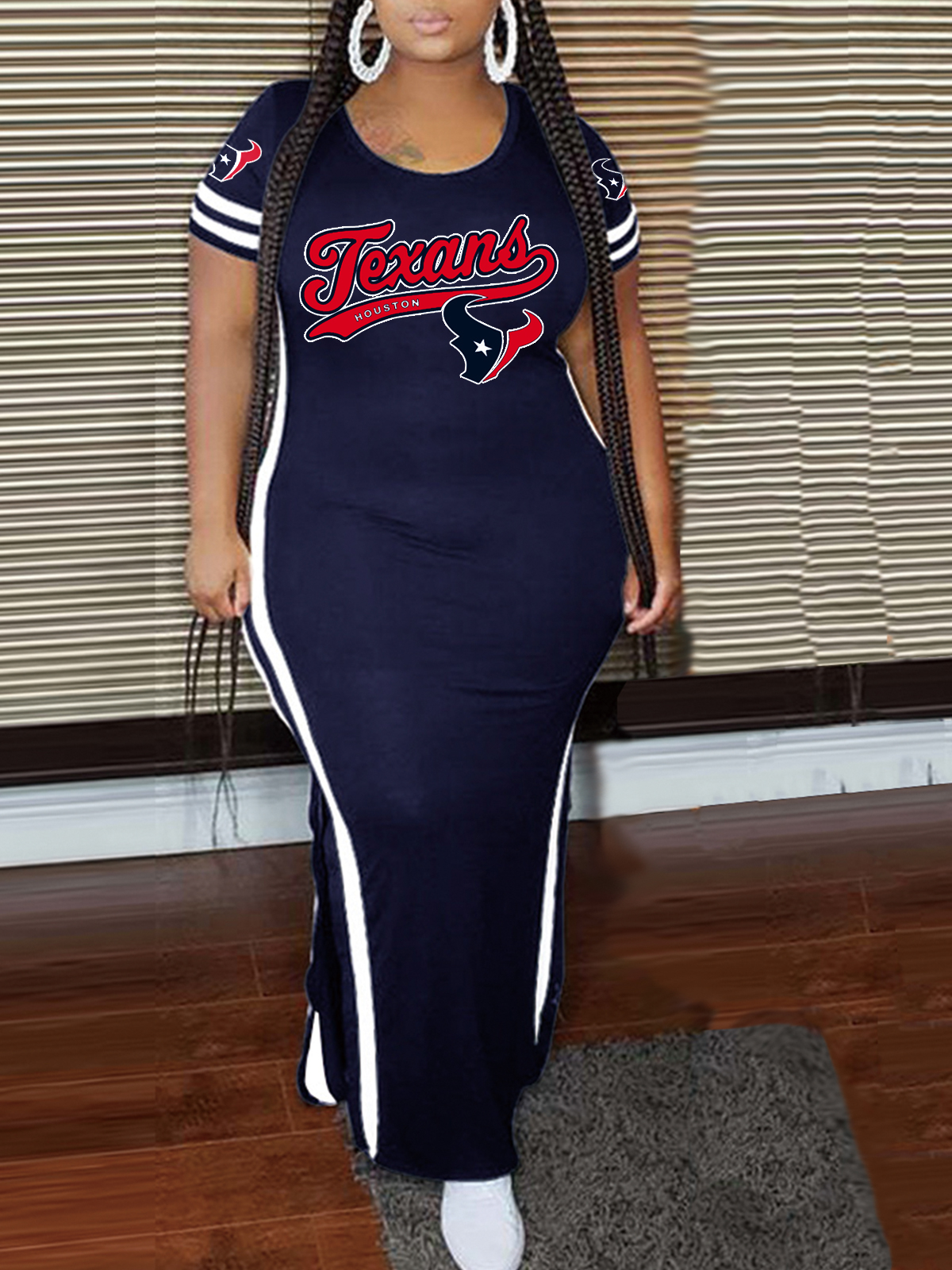 Houston Texans Crew Neck Short Sleeve Striped Colorblock Dress