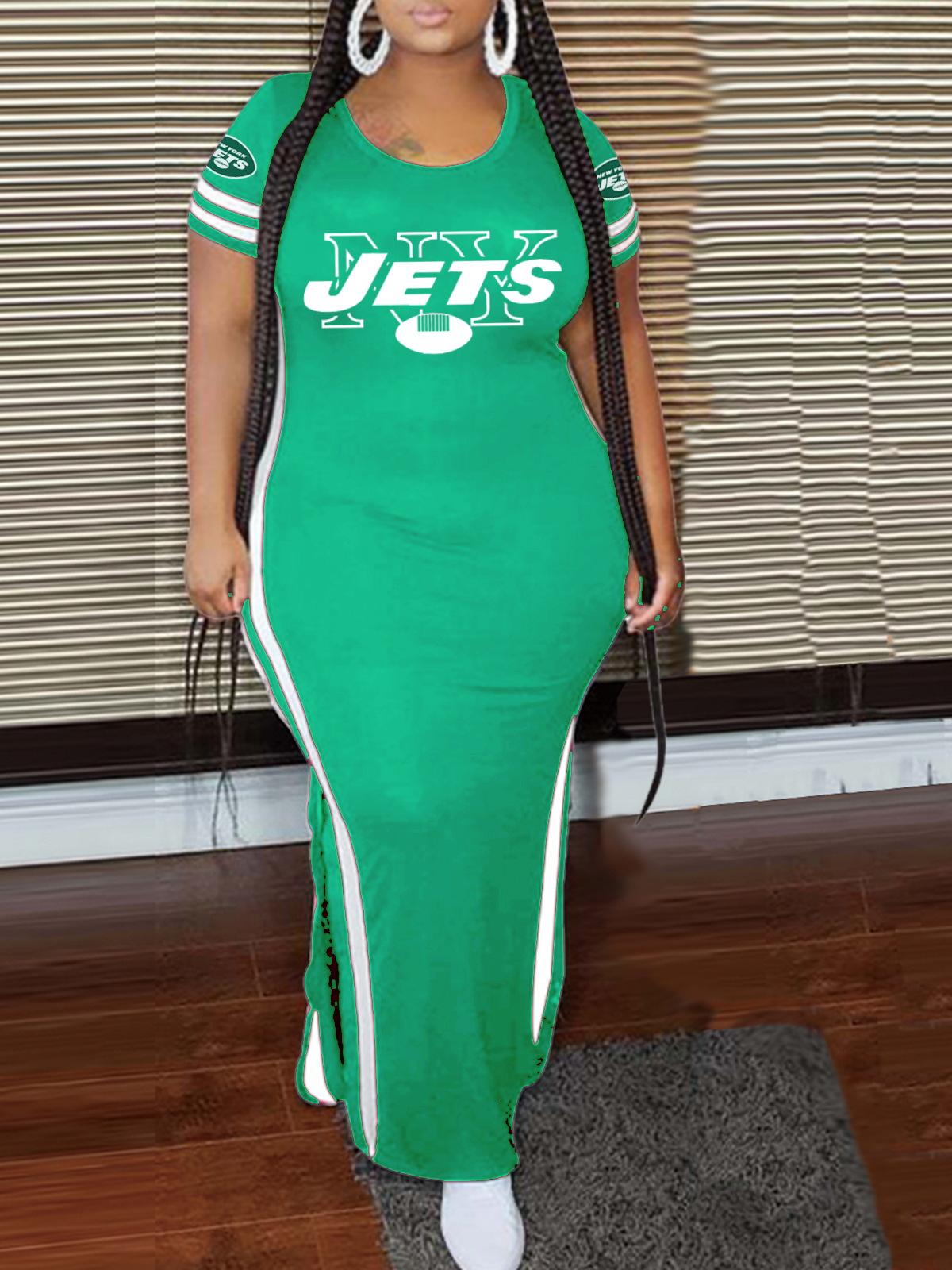 New York Jets Crew Neck Short Sleeve Striped Colorblock Dress