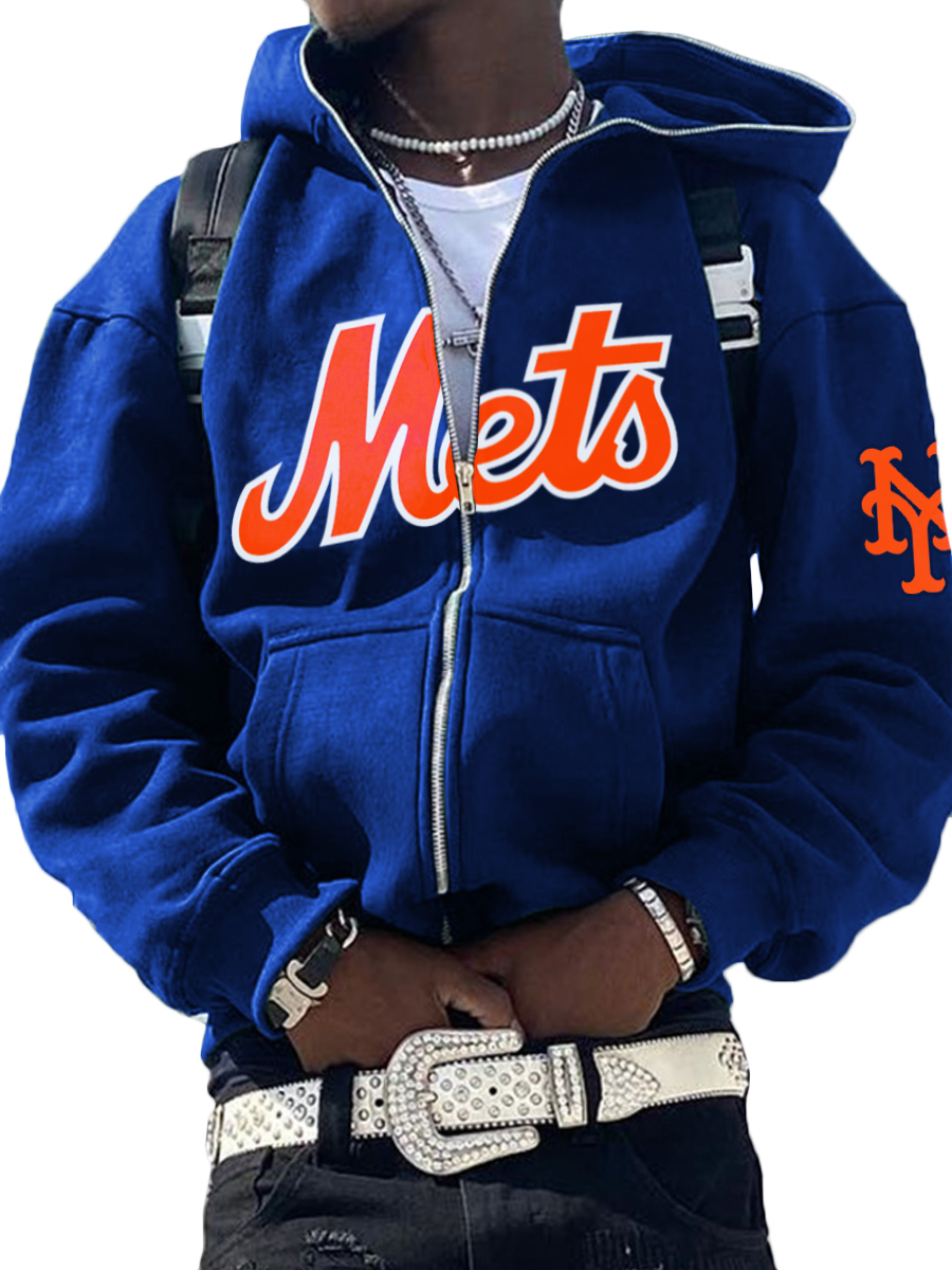 New York Mets MLB Men's Casual Zipper Hooded Sweatshirts
