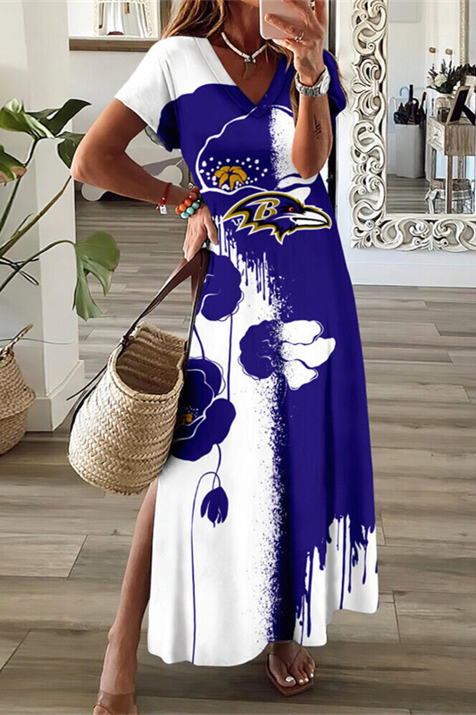 Baltimore Ravens V-Neck Sexy Side Slit Long Dress